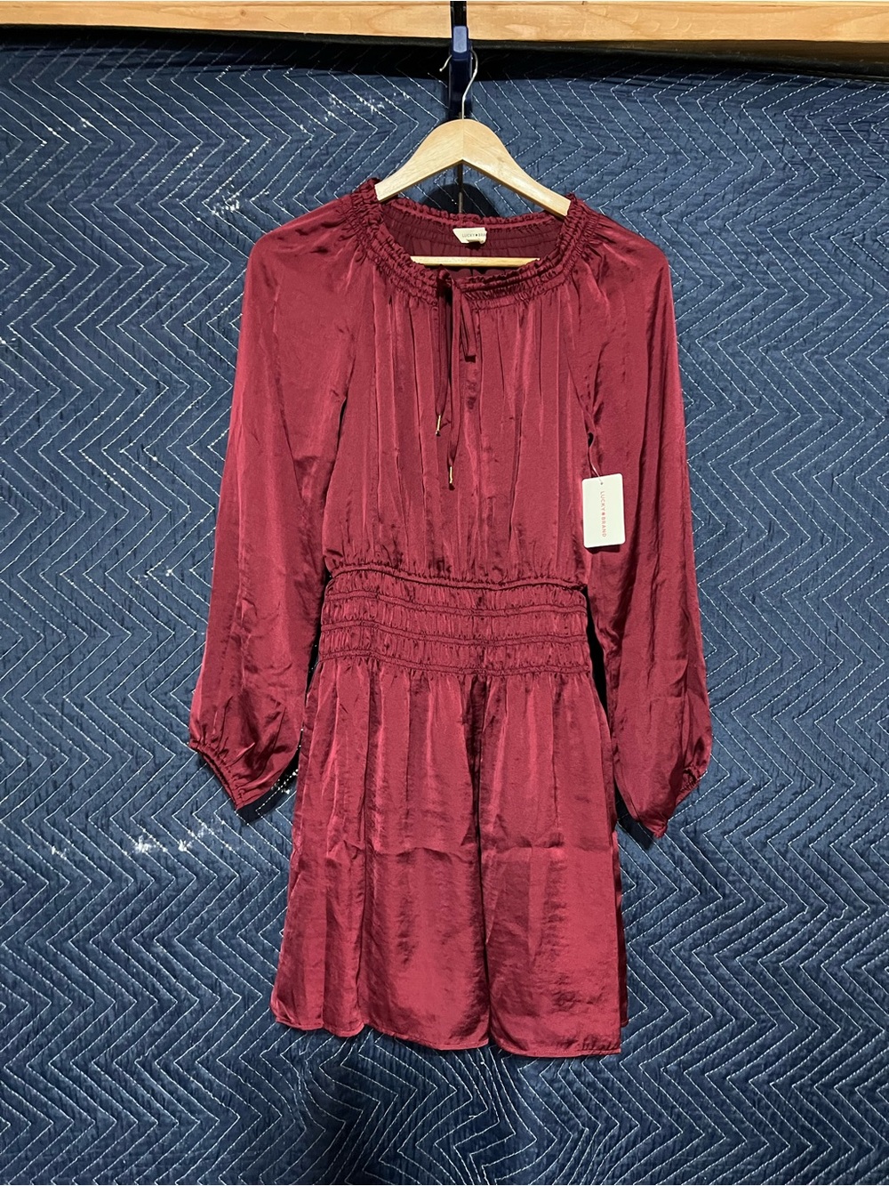 🍀Lucky Brand Wine Red Long-Sleeve Smocked Waist Dress